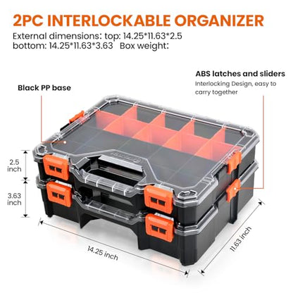2PC Interlockable Tool Organizer, Toolbox with Adjustable Dividers & Bins & Transparent Lids Portable Hardware Storage Box for Screws, Nuts, Fishing Accessories (Black&Orange) - style: 2 PC Interlockable Organizer