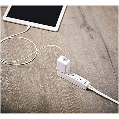 Amazon Basics 3-Prong Indoor Rectangle Extension Cord Power Strip, Flat Plug, Space-Saving, Grounded, 13 Amps, 1625 Watts, 125 VAC, 6 ft, White, 2-Pack - size: 6 ft
