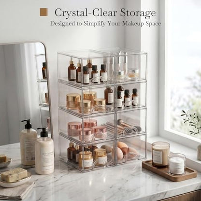 8 Pack Small Clear Stackable Acrylic Storage Boxes Storage Drawers, Storage Organizer, Clear Plastic Makeup Organizer, Ideal for Vanity, Cabinet, Desk Organization