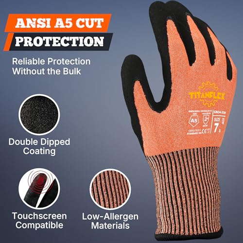 TitanFlex Cut Resistant Gloves ANSI A5, Work Gloves with Sandy Nitrile Grip,Orange - size: X-Large