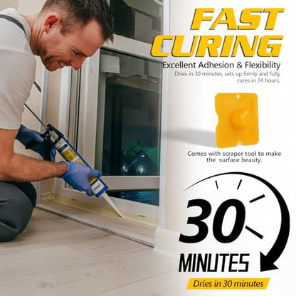 LISRUX Advanced Silicone Caulk for Window & Door, White, 15.2 fl oz Cartridge, 12 Pack - 100% Waterproof Silicone Sealant Indoor Outdoor Caulking, UV Resistant, Stronger Adhesion, Shrink & Crack Proof - size: 12P