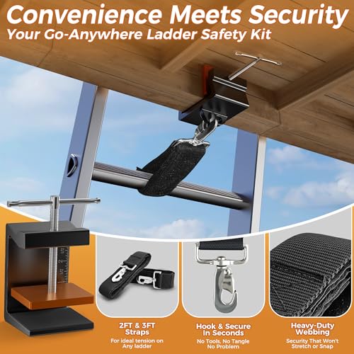 Ladder Stability Anchor,Ladder Satety Clamp,Ladder Stabalizer with 2FT & 3FT Ladder Straps,Ladder Gutter Guard & Anti-Slip Fall Protection Kit,Ladder Accessories for Maximum Safety