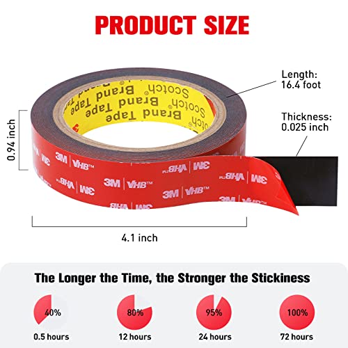 Double Sided Tape Heavy Duty, Adhesive Mounting Tape Waterproof, 16.4 FT x 0.94 IN, Strong Foam Tape for Walls, Automotive, Home Office Decor, Made of 3M VHB Tape (Pack of 1) - size: 16.4FT (1 Pack)
