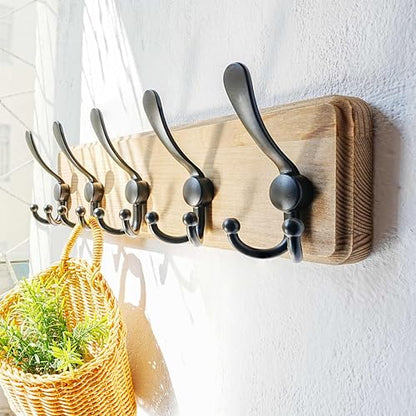 Dseap Coat Rack Wall Mount - Heavy-Duty Robust Barnwood-Style Wooden Wall Coat Hanger Hook Rail with 5 Triple Hooks for Winter Coats Hat Jacket Clothing, Weathered Brown & Black, Pack of 2 - color: Weathered Brown & Black, size: L=17.4"
