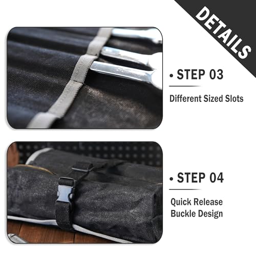 Kaaltisy Roll Up Tool Bag, 16OZ Waxed Canvas Tool Roll Organizer - 26" L x 12.5" W, Regular Wrench Slots + 1 Zipper Pocket + 1 Detachable Bag, Canvas Tool Storage Roll with Buckle for Hand Tool Set - color: Black