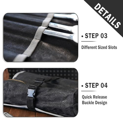 Kaaltisy Roll Up Tool Bag, 16OZ Waxed Canvas Tool Roll Organizer - 26" L x 12.5" W, Regular Wrench Slots + 1 Zipper Pocket + 1 Detachable Bag, Canvas Tool Storage Roll with Buckle for Hand Tool Set - color: Black