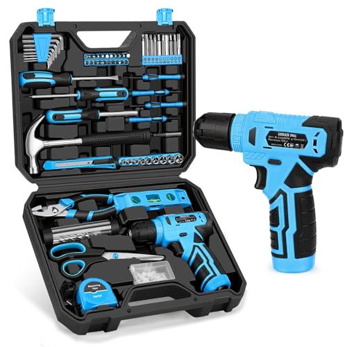 139-Piece Tool Set - Tool Kit with 8V Cordless Drill Driver in ToolBox Storage Case, General Household Drill Set for Home Repairs, Handyman, DIY Projects - color: Blue