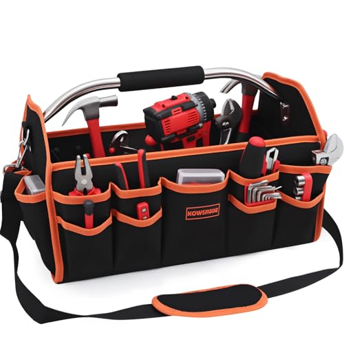 Kowsinde 18 Inch Tool Bag, Electrician Tool Bag, Open Top Tool Bags, 26 Pockets Can Hold Many Tools, Steel Handle and Removable Shoulder Strap - color: Orange