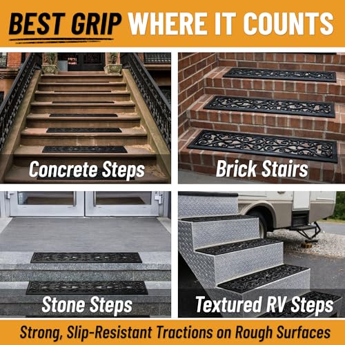 Ottomanson Outdoor Rubber Stair Treads – Scroll Latice Heavy-Duty Non-Slip Stair Mats – Best Grip on Concrete, Brick & Textured Step – Fastening Recommended for Wooden & RV Steps, Pack of 5 - color: Black Scroll Lattice
