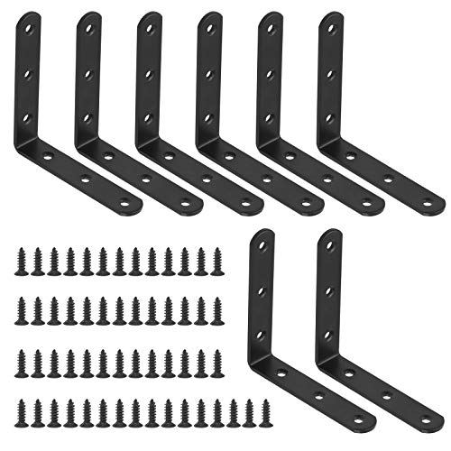 Glarks 63pcs 100 x 100 x 3mm Black L Bracket Corner Braces Kit, Includes 8pcs Stainless Steel Right Angle Bracket, 55pcs M4 x 20mm Screws, L Corner Braces for Wood Furniture, Bedframe, Cabinet - size: 100x100x3mm