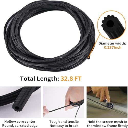 QWR 4 in 1 Window Screen Repair Tool Kit,Including 32Ft Spline Replacement,Steel Roller with Bearing,Spline Removal Hook and High Quality Scissors,for Installing Door Mesh Screens., Black (QWR-56321)