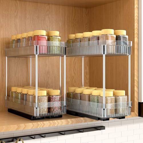 DABIGE 2 Pack Pull Out Spice Rack Organizer for Cabinet, 2 Tier Slide Out Spice Racks Organizer, Spice Cabinet Organizers, Cabinet Size Need:12'' High x 11'' Deep x 5'' Wide, Clear Acrylic - color: Clear, size: 2 Pack