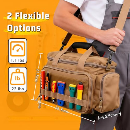 14-Inch Heavy Duty Tool Bags for Men, Tactical Tool Bag With Anti-Friction Bottom, Hand Tool Storage Bag, Work Tote Bag and 16+ Multi-Pockets, Ideal Gift For Mechanics, Electricians, Carpenters