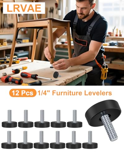 12 PCS Leveling Feet, 1/4-Inch 20-UNC Adjustable Leveler, Fits Small DIY Projects, Stable Furniture Leveling for Uneven Floors, Elegant Threaded Levelers Screw in