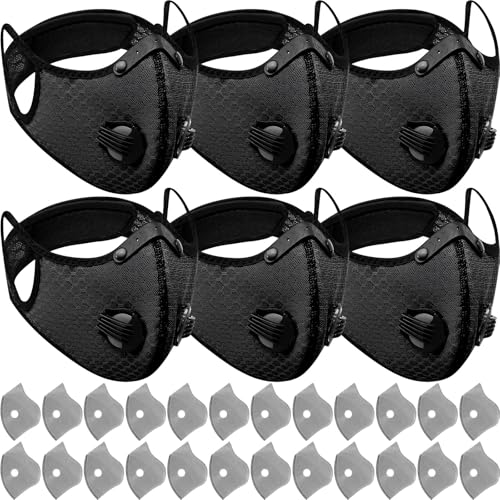 Threlaco 6 Pcs Dust Mask Breathable Reusable Adjustable Respirator Mask with 24 Activated Carbon Filters for Woodworking - color: Black