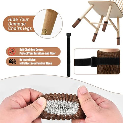 16 PCS Furniture Leg Socks with Hook-and-Loop Fastener - Brown Knit Chair Leg Floor Protectors for Hardwood Floors - High-Elasticity Furniture Socks with Fasteners Stays in Place Well - size: 16 Pcs Brown With Fasteners