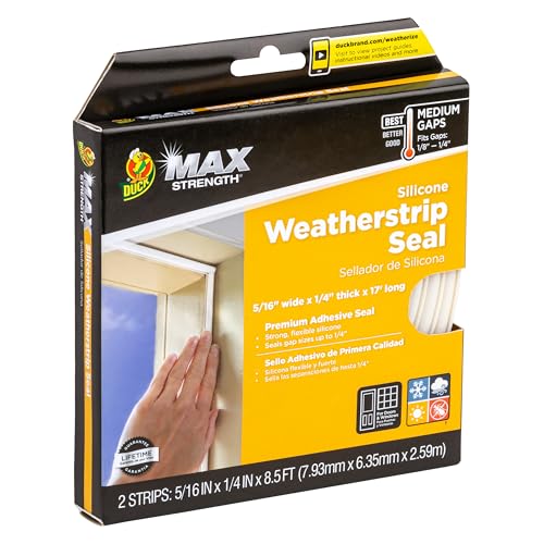 Duck Brand Max Strength Silicone Weatherstrip Seal for Doors and Windows, Self-Adhesive, Fits Medium Gaps from 1/8-1/4 Inches, .31 in. x .25 in. x 17 ft., White (Pack of 6) - size: (Pack of 6)