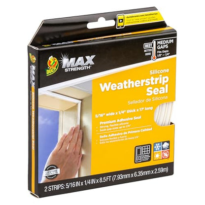 Duck Brand Max Strength Silicone Weatherstrip Seal for Doors and Windows, Self-Adhesive, Fits Medium Gaps from 1/8-1/4 Inches, .31 in. x .25 in. x 17 ft., White (Pack of 6) - size: (Pack of 6)