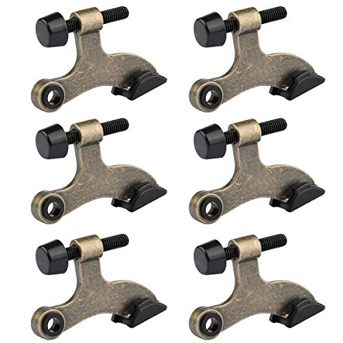 HOMOTEK 6 Pack Hinge Pin Antique Brass Door Stopper, Adjustable Deluxe Heavy Duty Door Stopper 2-1/2"x1-3/4”, with Black Rubber Bumper Tips - color: Antique Brass, size: 6 Pack
