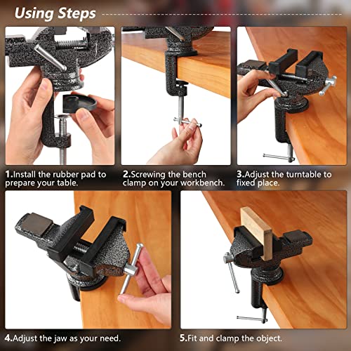 GOXAWEE Universal Bench Vise, 3.15 Inch Table Clamp, 360-Degree Swivel Base, Small Home Vice, Clamp-on Tool for Woodworking, Cutting Conduit, Small DIY Projects, Craft Creation, Sculpting and Modeling