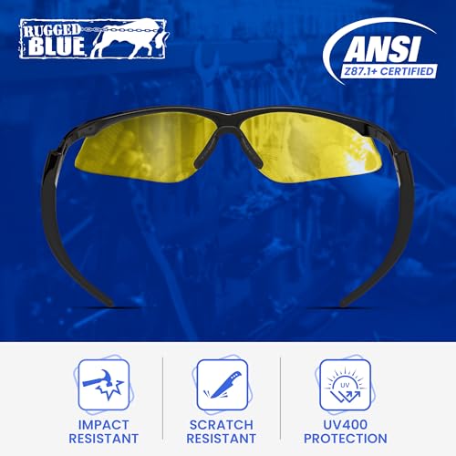 RUGGED BLUE Mojave Amber Safety Glasses for Men/Women |ANSI Certified Eye Protection Glasses and Protective Eyewear
