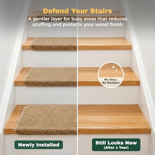 MBIGM Bullnose Non-Slip Stair Treads w/Reusable Adhesive 14 Pack 9.5" x 30" Wooden Steps Protection - TPU Backing with Steel Reinforcement - Anti-Slip Solution Knitted Camel Non Slip Stair Tread - color: Camel - Knitted