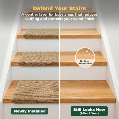 MBIGM Bullnose Non-Slip Stair Treads w/Reusable Adhesive 14 Pack 9.5" x 30" Wooden Steps Protection - TPU Backing with Steel Reinforcement - Anti-Slip Solution Knitted Camel Non Slip Stair Tread - color: Camel - Knitted