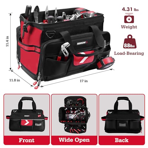 ARROW 17" Large Tool Bag with 36 Multipurpose Pockets, Tool Bags for Men Heavy Duty with Waterproof Hard Base, Reflective Band, Wide Open Mouth Toolbag for Electrician Mechanic Plumber HVAC - size: 17 Inch