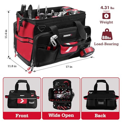 ARROW 17" Large Tool Bag with 36 Multipurpose Pockets, Tool Bags for Men Heavy Duty with Waterproof Hard Base, Reflective Band, Wide Open Mouth Toolbag for Electrician Mechanic Plumber HVAC - size: 17 Inch