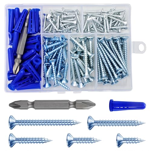 Wensilon (150Pcs) Zinc Wood Screw Quick Metal Self Tapping Flat Head with Drywall Plastic Anchors kit - size: Blue and white Flat Head Wood Screws