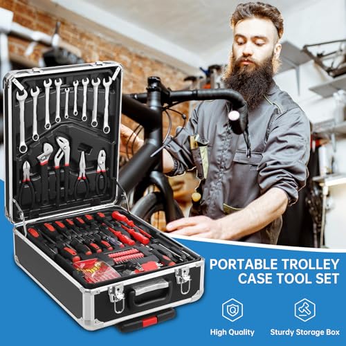 800 PCS Home Tool Set with Rolling Tool Box, Professional Mechanic Repair Kit, General Household Hand Tool Set with Aluminum Trolley Case for Homeowner, DIY
