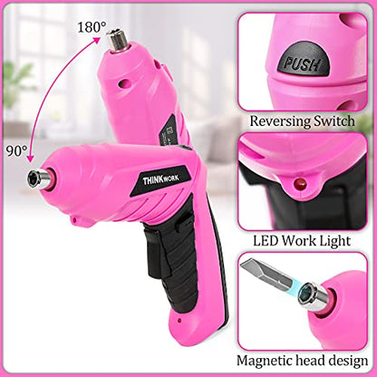 THINKWORK 41 Piece Pink Tool Set - Lady's Hand Tool Set with 3.6V Rotatable Electric Screwdriver, Home Repairing Tool Kit for Women with Large Mouth Open Tool Bag, Perfect for Home DIY, Daily Use - style: Wide Mouth Bag