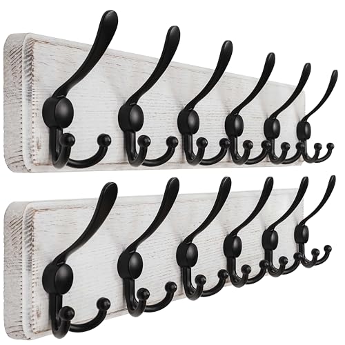 Dseap Coat Rack Wall Mounted - 24" Long 6 Tri Hooks, Heavy Duty Wooden Wall Coat Hanger Coat Hook for Clothes Hat Jacket Clothing, White and Black, Pack of 2 - color: White & Black, size: L=24"