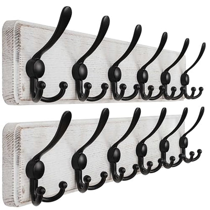 Dseap Coat Rack Wall Mounted - 24" Long 6 Tri Hooks, Heavy Duty Wooden Wall Coat Hanger Coat Hook for Clothes Hat Jacket Clothing, White and Black, Pack of 2 - color: White & Black, size: L=24"