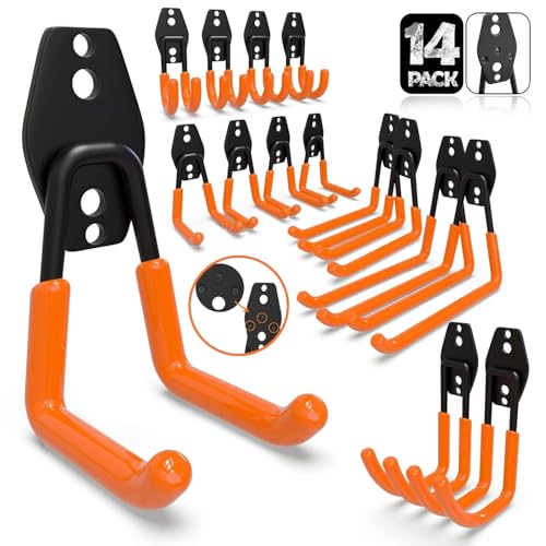 3-H Garage Wall Hooks 14 Pack,Garage Hooks Heavy Duty,Garage Storage Hooks for Hanging and Organizing Garden,Lawn,Yard Tools,Chairs,Ladders,Weed Eater,Shovel,Blower(Orange) - color: Orange, size: 14