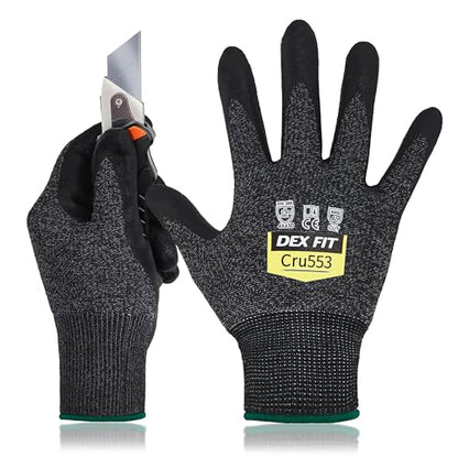 DEX FIT Level 5 Cut Resistant Gloves Cru553, 3D-Comfort Stretchy Fit, Power Grip, Professional Grade, Thin, Touch-Screen Compatible, Durable, Machine Washable; Black Gray M (8) 1 Pair - color: Blackgrey, size: Medium