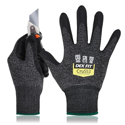 DEX FIT Level 5 Cut Resistant Gloves Cru553, 3D-Comfort Stretchy Fit, Power Grip, Professional Grade, Thin, Touch-Screen Compatible, Durable, Machine Washable; Black Gray M (8) 1 Pair - color: Blackgrey, size: Medium