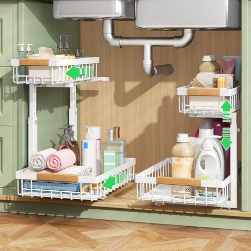 Kitstorack Under Sink Organizer, 2 Tier Under the Sink Storage, Slide out Pull out Cabinet Organizer Shelf, Metal Sliding Drawer for Kitchen Bathroom Pantry Closet Organization Rack, White, 2 Pack - color: White, size: 2 Pack