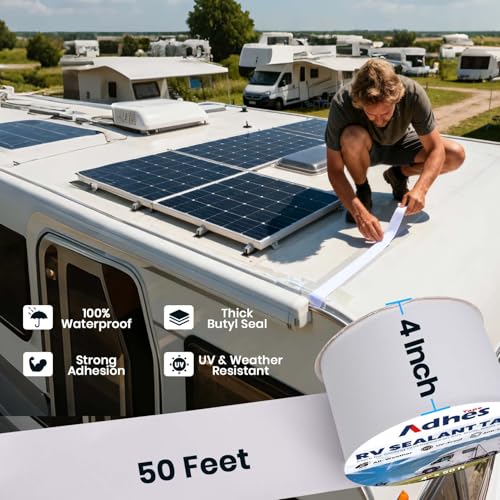 ADHES White Butyl Sealant Tape 4 Inch x 50 FT – Single-Sided Waterproof RV Roof Repair Tape, Leak-Proof Sealant for Camper, Window, Skylight, and Roof Edge - style: 4in x 50ft