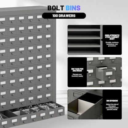 100 Drawers Metal Storage Drawer Cabinet, Gray Cold Rolled Parts Cabinet, Bolt and Nut Tool Storage Box, Hardware Organization Shelves Bolts Bin Organizer Tool, 33.9" W x 9.1" D x 33.3" H