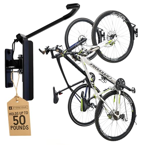 StoreYourBoard Bike Hangers for Garage | Garage Bike Rack Wall Mount, Vertical Bicycle Rack for Garage | 124° Swivel Bike Wall Mount with Stopper, Holds 50lbs, Fits All Wheel Diameters, Max 2.6” Tires - color: BLACK, size: 2 Pack Heavy Duty Swivel Bike Ra
