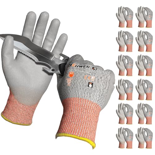 Schwer 12 Pairs ANSI A5 Cut Resistant Work Gloves, Cut Proof Gloves with PU Coating, Used for Metal Fabrication, WoodWorking, Construction, Non Slip, Durable, Non PFAS, S, CR3088 - color: Grey, size: Small