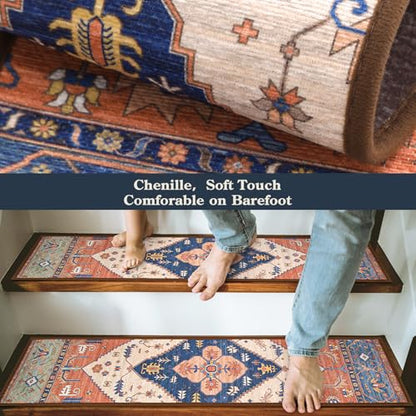 Lahome Stair Treads Non Slip 15 Pack 8" X 30" Stair Treads for Wooden Steps, Washable Self Adhesive Stair Runners Stain Resistant Stair Carpet, Edging Stair Rug for Kids, Elders and Dogs Dorie, Rust - color: Rust