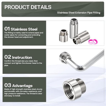Shower Head Extension Arm, 304 Stainless Steel G1/2 Male to Female Thread 20mm/0.79" Length Extender Pipe Fitting Nipple for Showers, Faucets, and Plumbing with PTFE Thread Seal Tape 3 Pack - size: 20mm/0.79"