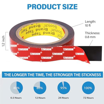 Double Sided Tape Heavy Duty, Strong Adhesive Waterproof Foam Tape, High Temperature Resistant Adhesive Strips for Walls, Automotive, Outdoors (10Ft x 0.6In)