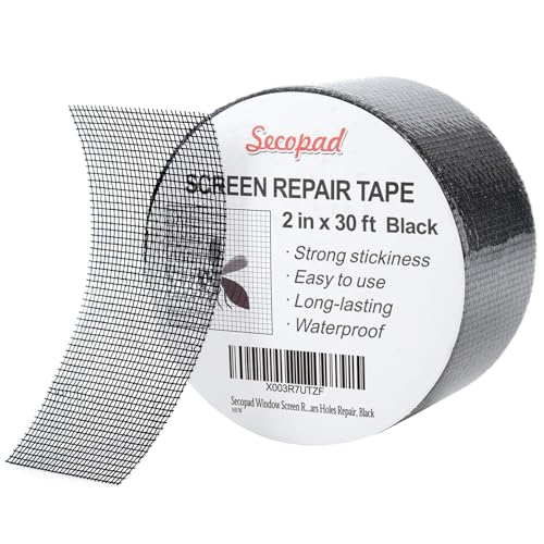 Secopad Black Window Screen Repair Tape, 2 in X 30 FT (360IN) Screen Repair Kit for Windows or Doors, Strong Adhesive Fiberglass Mesh Patch Tape - color: Black, size: 2IN x 30FT