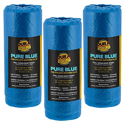 Dura-Gold 24" x 177' Pure Blue Pre-Folded Masking Film, (3 Pack) Painters Plastic Roll (0.4 Mil), Pull Down Drop Sheet, Pre-Folded Plastic Sheeting for Painting Protection on Auto, Walls, Furniture