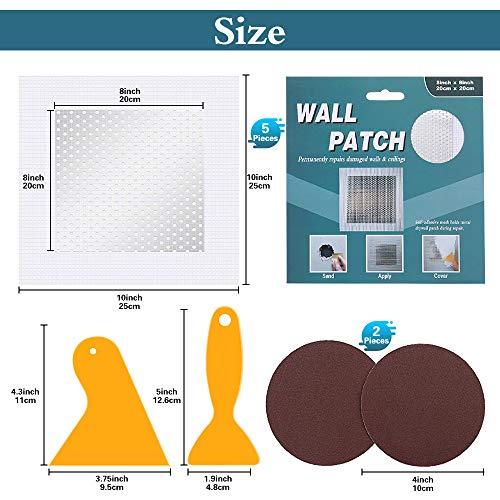 8'' by 8'' Wall Repair Patch, 5 Pcs Plasterboard Patch, Plaster Repair Kit, Safe Mend Plaster, Safemend Drywall Repair Adhesive, Filler for Walls Ceiling Hole, Self Adhesive Aluminum Mesh Wall Repair - size: 8" x 8" - 5 Pcs