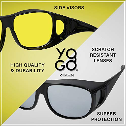 Fit Over Wrap Sunglasses Polarized Lens Wear Over Eyeglasses 100% UV Protection for Men and Women - color: Yellow Night Driving Lens and Silver Mirror Lens