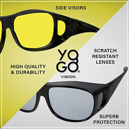 Fit Over Wrap Sunglasses Polarized Lens Wear Over Eyeglasses 100% UV Protection for Men and Women - color: Yellow Night Driving Lens and Silver Mirror Lens